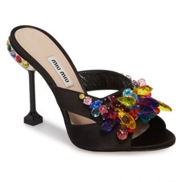 Miu Miu Crystal Embellished Metal Heel Satin Mules Heel Black Women's Size EU 41 - Picture 1 of 9